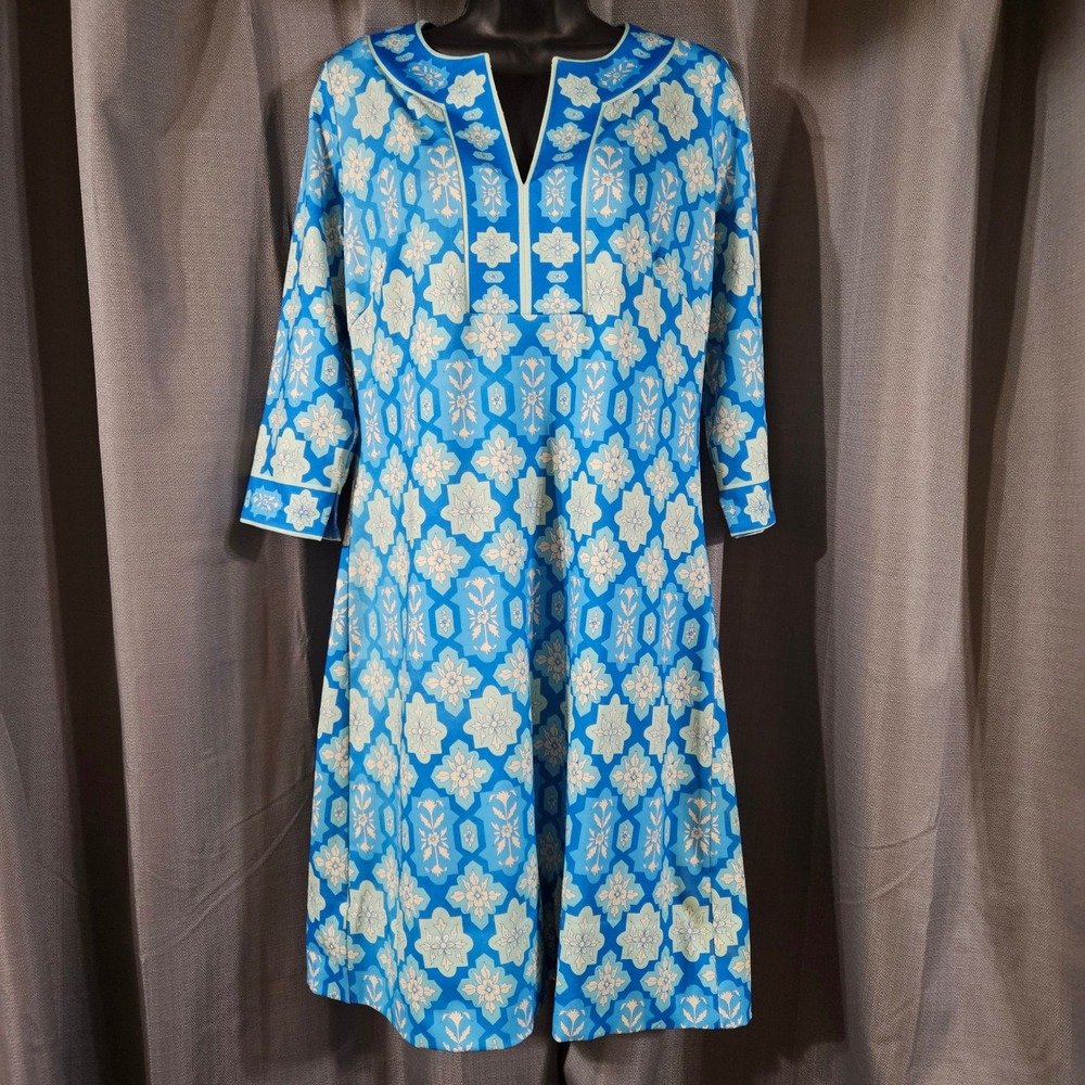 Gretchen Scott Blue White Geometric Floral Tile Tunic Dress Small‎ 3/4 Sleeve